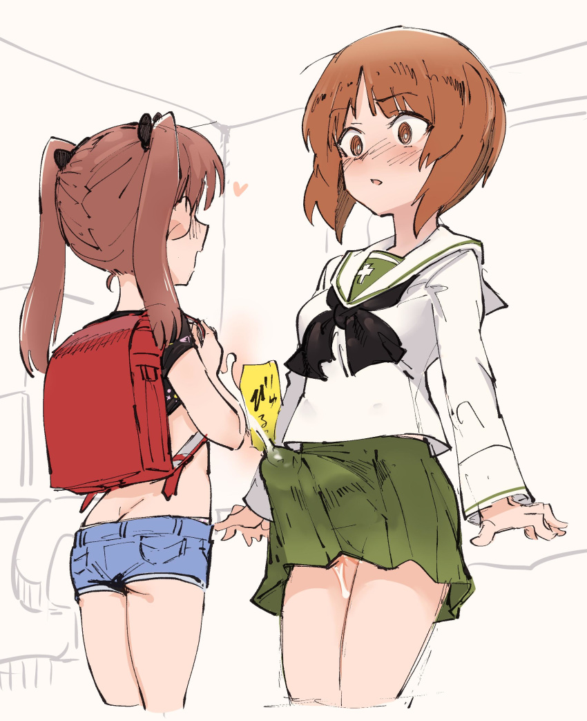 2girls absurdres aomushi_(mushamusha) backpack bag bangs blush brown_eyes brown_hair butt_crack commentary_request cropped_legs cum cum_in_clothes cum_on_clothes cum_through_clothes ejaculation ejaculation_under_clothes erection erection_under_clothes futa_with_female futanari girls_und_panzer green_skirt hair_ribbon heart highres implied_futanari kadotani_anzu long_hair long_sleeves multiple_girls nishizumi_miho ooarai_school_uniform open_mouth pleated_skirt randoseru red_backpack ribbon sailor_collar school_uniform serafuku shirt_lift short_hair short_shorts shorts skirt translated twintails white_sailor_collar white_serafuku