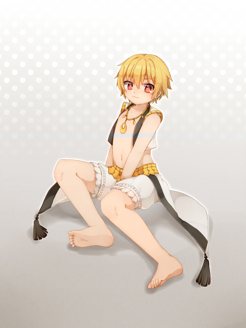 1boy :3 barefoot blonde_hair blush chest child_gilgamesh eyuzi_i fate/grand_order fate/hollow_ataraxia fate_(series) feet full_body hair_between_eyes highres jewelry looking_at_viewer male_focus navel necklace nipples red_eyes sitting sitting_on_floor smile