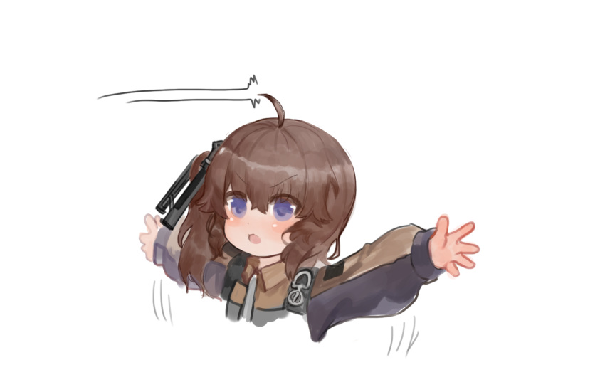 1girl ags-30_(girls_frontline) ahoge bangs beam blush brown_hair commentary_request cropped_torso dokomon eyebrows_visible_through_hair girls_frontline grey_shirt hair_between_eyes hair_ornament jacket korean_commentary long_hair long_sleeves one_side_up open_mouth outstretched_arms puffy_long_sleeves puffy_sleeves purple_jacket shirt sidelocks simple_background solo spread_arms upper_body v-shaped_eyebrows white_background