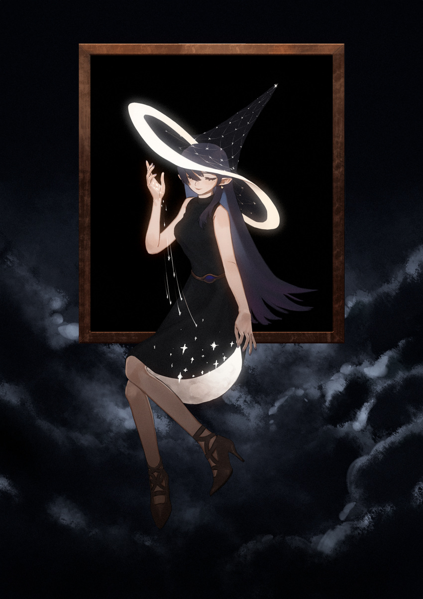 0x3 1girl belt black_dress black_footwear black_hair black_nails black_theme closed_eyes cloud commentary crescent dress dropping earrings floating frame hand_up hat high_heels highres holding jewelry long_hair original pointy_ears shooting_star sleeveless sleeveless_dress star turtleneck witch witch_hat