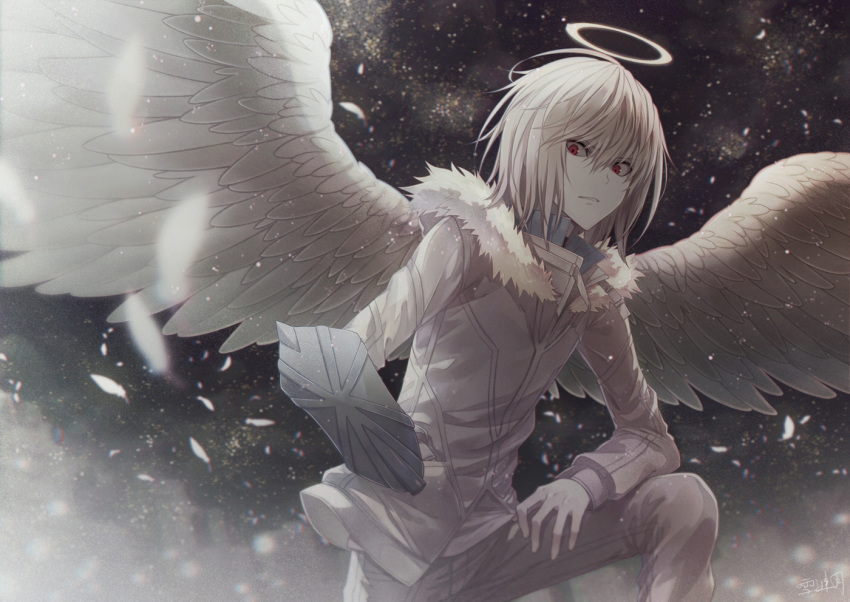 1boy accelerator angel31424 angel_wings angry bangs commentary_request feathered_wings fur_trim halo jacket looking_down male_focus medium_hair pants red_eyes solo to_aru_majutsu_no_index v-shaped_eyebrows white_hair white_jacket white_pants white_wings wings