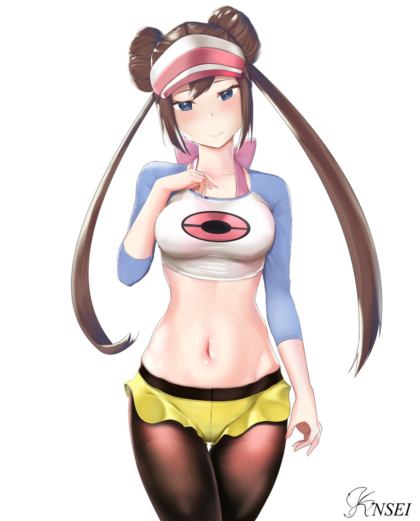 1girl artist_name back_bow bangs black_legwear blue_eyes blush bow bra breasts brown_hair closed_mouth collarbone cowboy_shot double_bun hand_up happy head_tilt highres knsei long_hair long_sleeves looking_at_viewer medium_breasts mei_(pokemon) micro_shorts midriff navel pantyhose pink_bow pink_bra pink_headwear poke_ball_symbol poke_ball_theme pokemon pokemon_(game) pokemon_bw2 raglan_sleeves shiny shiny_hair shiny_skin shirt short_shorts shorts simple_background smile solo standing stomach tied_hair twintails underwear visor_cap watermark white_background white_shirt yellow_shorts