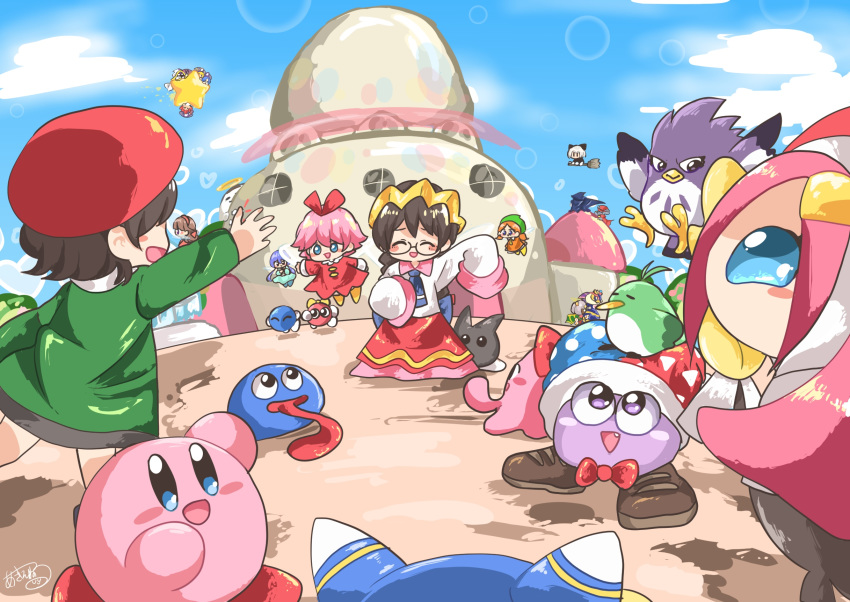 6+boys 6+girls adeleine akiaki_popee beret black_hair blue_eyes blue_sky blush_stickers bow bowtie castle chuchu_(kirby) closed_eyes cloud commentary_request coo_(kirby) crown daroach fairy fairy_wings fang flamberge_(kirby) francisca_(kirby) glasses gooey hair_ribbon halo hat heart hidden_eyes highres hyness jester_cap keke_(kirby) kirby kirby_(series) lalala_(kirby) lens_flare_abuse lololo_(kirby) long_hair long_sleeves magolor marx meta_knight multiple_boys multiple_girls no_arms open_mouth pink_hair pitch_(kirby) purple_eyes queen_sectonia red_bow red_neckwear red_ribbon ribbon ribbon_(kirby) ripple_star_queen short_hair signature sky smile susie_(kirby) taranza tongue tongue_out very_long_sleeves warp_star watermark waving wide_sleeves wings zan_partizanne zero_two_(kirby)