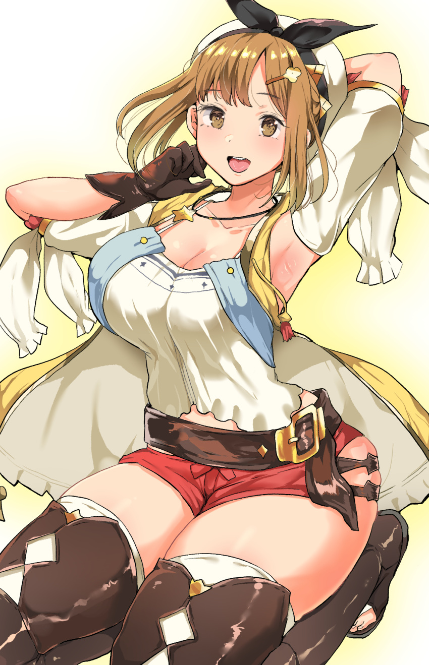 1girl :d arm_behind_head armpits atelier_(series) atelier_ryza bangs belt black_ribbon breasts bridal_legwear brown_belt brown_eyes brown_gloves cleavage commentary_request gloves hair_ornament hairclip highres jacket jewelry large_breasts leather leather_belt leather_gloves necklace open_mouth red_shorts reisalin_stout ribbon short_shorts shorts single_glove sitting smile star star_necklace thick_thighs thighs white_headwear yac_(mokkori) yellow_jacket