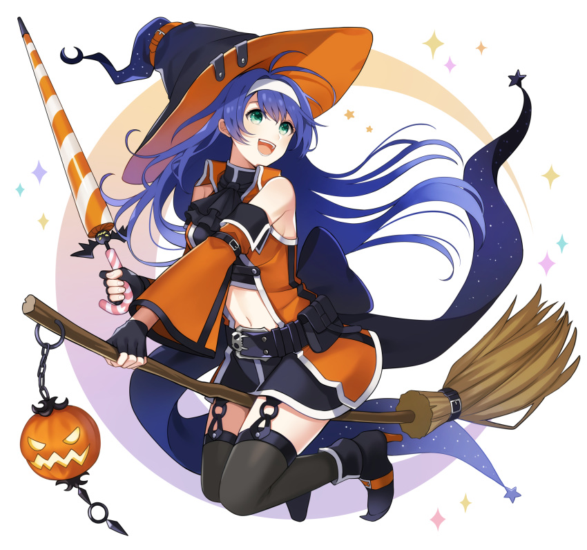 1girl aym_(ash3ash3ash) belt black_gloves black_legwear blue_hair broom broom_riding commentary_request detached_sleeves fingerless_gloves fire_emblem fire_emblem:_path_of_radiance fire_emblem_heroes full_body garter_straps gloves green_eyes halloween_costume hat headband highres jack-o'-lantern long_hair mia_(fire_emblem) navel navel_cutout open_mouth solo thighhighs white_headband witch_hat