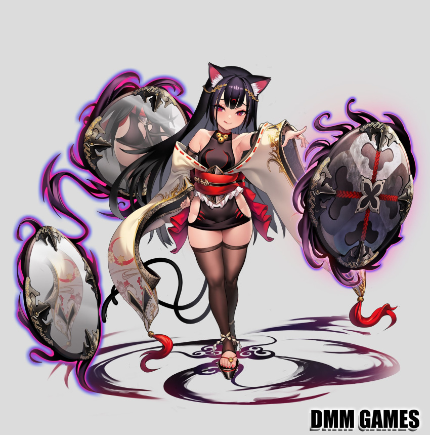 1girl animal_ears arm_up armpits ass ass_cutout back_bow bell black_dress black_gloves black_hair black_legwear bow bridal_gauntlets cat_ears cat_girl cat_tail closed_mouth detached_sleeves dress eyebrows_visible_through_hair flat_chest full_body furisode furrowed_eyebrows geta gloves grey_background grimgrim hair_ornament half-closed_eyes hand_on_hip highres iolite_link japanese_clothes kimono long_hair looking_at_viewer mirror mirror_image nail_polish neck_bell obi official_art purple_eyes red_pupils sash short_dress simple_background sleeveless sleeveless_dress smile solo standing tail taut_clothes taut_dress thighhighs thighs toeless_legwear toenail_polish tongue tongue_out wide_sleeves zettai_ryouiki