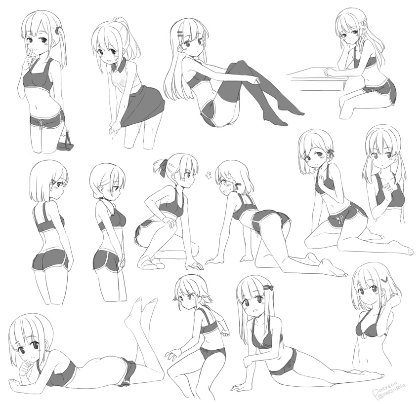 !? 6+girls :d ass bangs bare_arms bare_legs bare_shoulders barefoot blush bow bow_bra bow_panties bra braid breasts chinese_commentary closed_mouth collarbone collared_shirt commentary_request covered_collarbone eyebrows_visible_through_hair greyscale hair_between_eyes hair_bow hair_ornament hair_over_shoulder hairclip hand_up hatsunatsu highres long_hair low_twintails lying monochrome multiple_girls multiple_views navel no_shoes on_stomach open_mouth original panties ponytail profile ribbon shirt short_shorts shorts shorts_pull simple_background skirt sleeveless sleeveless_shirt small_breasts smile surprised thighhighs twintails twitter_username underwear underwear_only v-shaped_eyebrows very_long_hair wet wet_clothes wet_shirt white_background wringing_clothes wringing_skirt