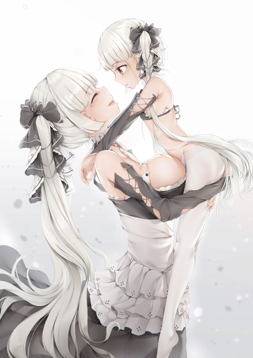 2girls an-telin azur_lane bangs bare_shoulders black_bra black_ribbon blunt_bangs bra breast_press breasts cleavage closed_eyes commentary dress dual_persona eyebrows_visible_through_hair formidable_(azur_lane) frilled_dress frills from_side gothic_lolita hair_ribbon highres holding_another huge_breasts lace lace_bra legs lolita_fashion long_hair long_sleeves looking_at_another multiple_girls open_mouth pantyhose red_eyes ribbon sidelocks smile standing tearing_up time_paradox twintails underwear very_long_hair white_hair white_legwear younger