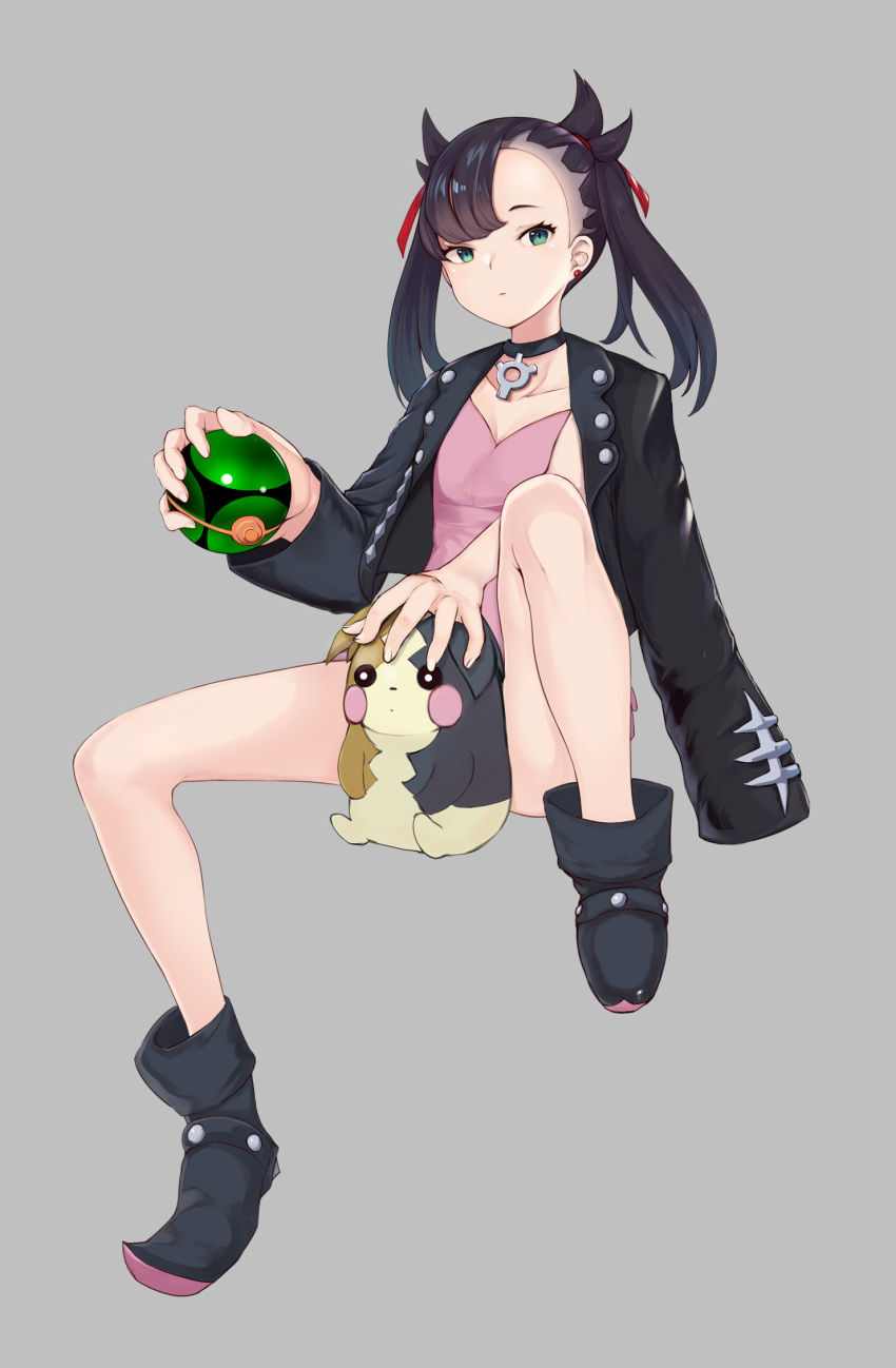 1girl aqua_eyes asymmetrical_hair bangs black_choker black_footwear black_hair black_jacket boots choker closed_mouth collarbone dress dusk_ball earrings fingernails full_body gen_8_pokemon ginji74 grey_background hair_ribbon highres holding holding_poke_ball jacket jewelry long_hair long_sleeves mary_(pokemon) morpeko open_clothes open_jacket pink_dress poke_ball pokemon pokemon_(creature) pokemon_(game) pokemon_swsh red_ribbon ribbon sitting twintails