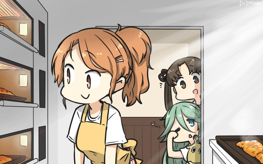 3girls alternate_costume apron aquila_(kantai_collection) ayanami_(kantai_collection) baking bangs bread brown_eyes brown_hair chibi commentary_request cowboy_shot croissant dated food green_eyes green_hair hair_between_eyes hair_ornament hairclip hamu_koutarou high_ponytail highres kantai_collection long_hair multiple_girls one_eye_closed orange_hair oven parted_bangs shirt side_ponytail sleepy t-shirt triangle_mouth wavy_hair white_shirt yamakaze_(kantai_collection) yellow_apron