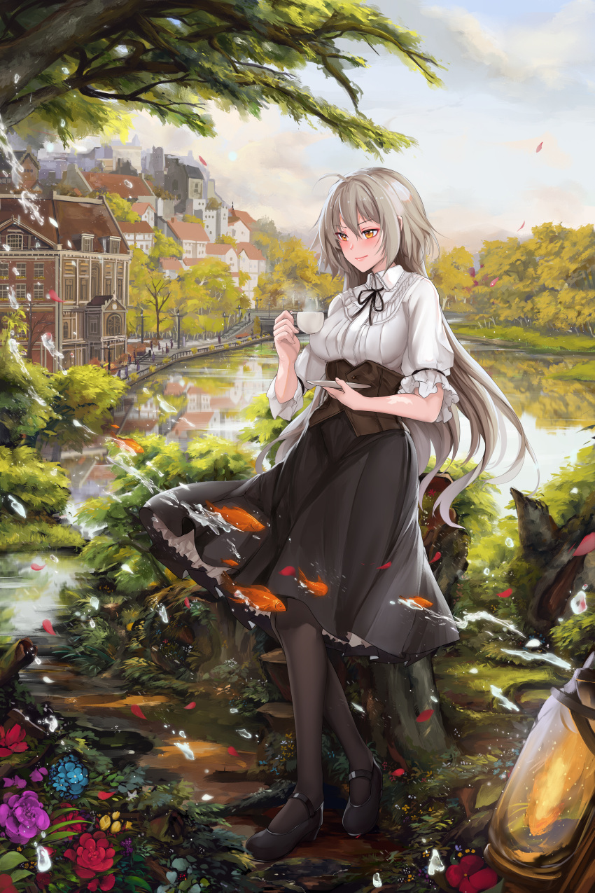 1girl absurdres ahoge artist_name black_legwear black_skirt blouse blush breasts city commentary_request corset cup fate/grand_order fate_(series) flower hanada_yanochi highres holding holding_cup holding_saucer jeanne_d'arc_(alter)_(fate) jeanne_d'arc_(fate) lantern large_breasts light_smile long_hair long_skirt mary_janes pantyhose petals petticoat pixiv_fate/grand_order_contest_2 saucer shoes silver_hair skirt solo teacup tree twitter_username white_blouse yellow_eyes
