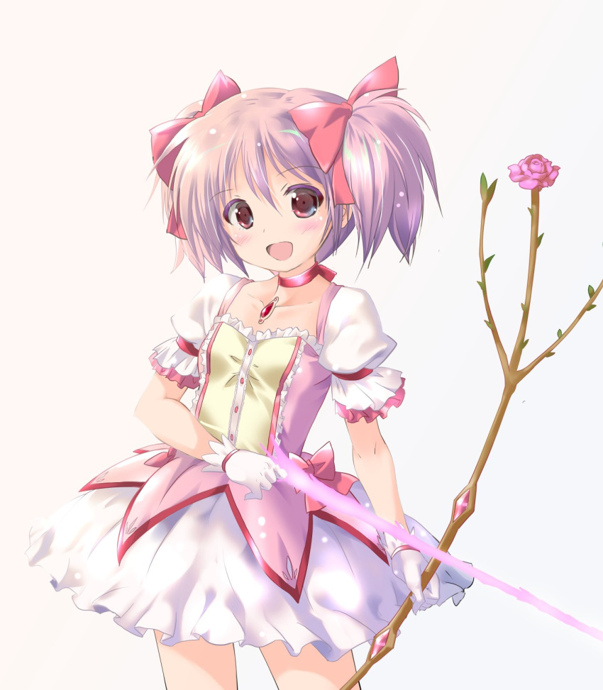 1girl bow_(weapon) bubble_skirt choker commentary_request contrapposto cowboy_shot flower gloves grey_background highres kaname_madoka komatsu_eiji looking_at_viewer magical_girl mahou_shoujo_madoka_magica open_mouth pink_eyes pink_hair rose school_uniform short_twintails simple_background skirt smile solo standing twintails weapon white_gloves