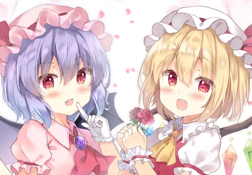 2girls :d ascot bangs bat_wings black_wings blonde_hair blush bow brooch collared_shirt commentary_request crystal eyebrows_visible_through_hair fang flandre_scarlet flower frilled_shirt_collar frills gloves hair_between_eyes hand_up hat hat_bow highres holding holding_flower index_finger_raised jewelry looking_at_viewer mob_cap multiple_girls open_mouth pink_headwear pink_shirt puffy_short_sleeves puffy_sleeves purple_hair red_bow red_eyes red_flower red_neckwear red_rose red_vest remilia_scarlet rose saeki_sora shirt short_sleeves siblings sisters smile touhou upper_body vest white_gloves white_headwear white_shirt wings wrist_cuffs yellow_neckwear