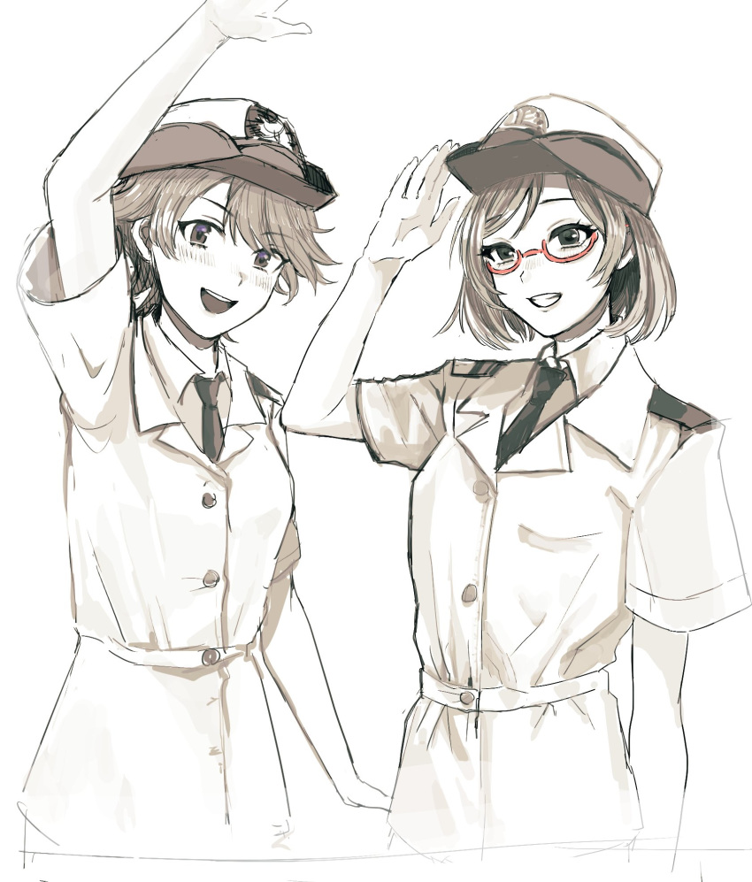 2girls arm_up bangs blush breast_pocket buttons collared_shirt commentary commentary_request cropped_torso epaulettes eyebrows_visible_through_hair female_service_cap glasses grin hagioshi hair_between_eyes hat hiei_(kantai_collection) highres kantai_collection kirishima_(kantai_collection) looking_at_viewer military military_hat military_jacket military_uniform multiple_girls naval_uniform necktie open_mouth peaked_cap pocket red-framed_eyewear round_teeth salute semi-rimless_eyewear shirt short_hair short_sleeves simple_background smile swept_bangs teeth under-rim_eyewear uniform white_background