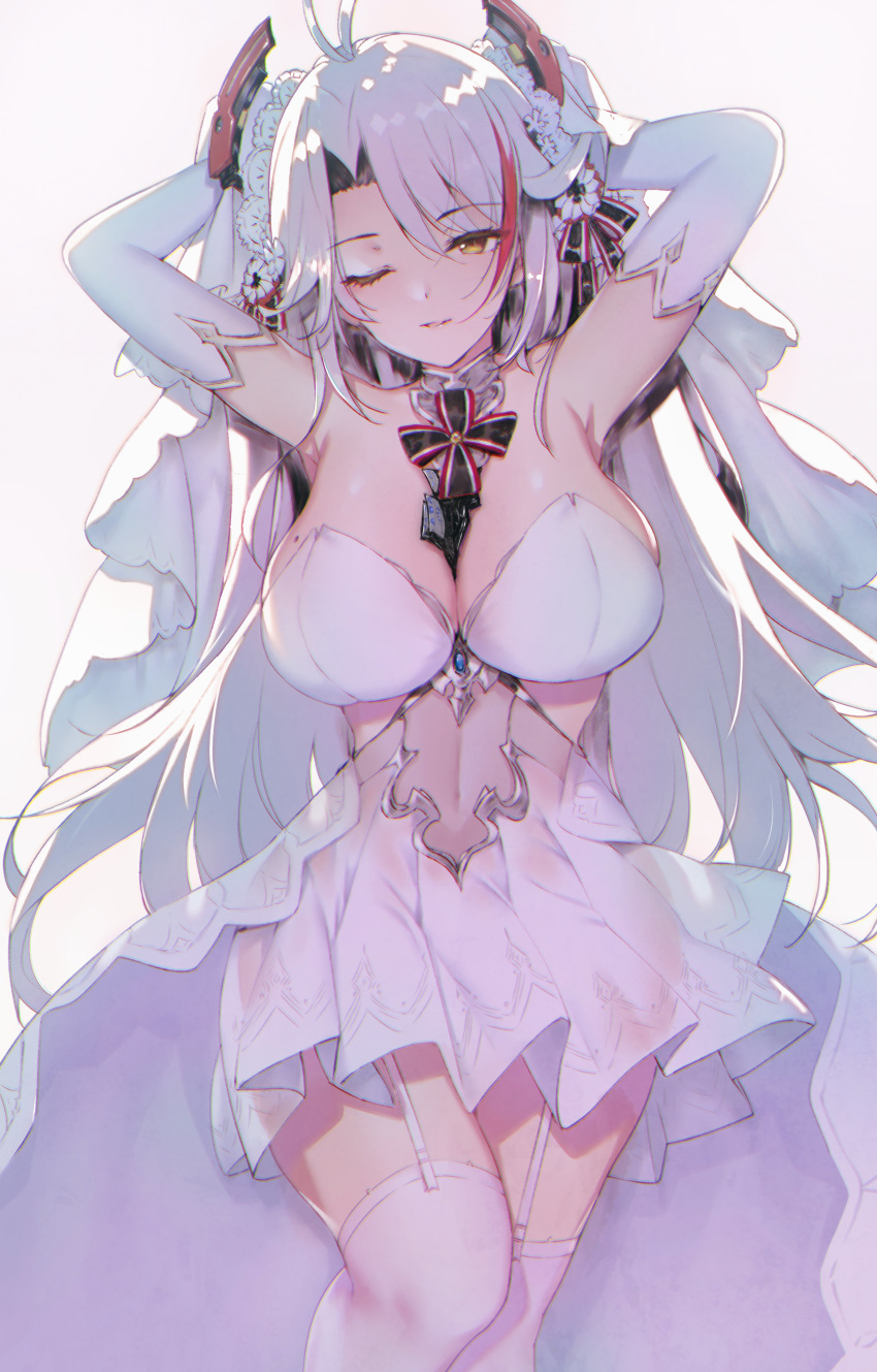 1girl absurdres antenna_hair armpits arms_behind_head azur_lane backlighting bangs between_breasts blush breasts bridal_veil brown_eyes cleavage commentary_request covered_navel dress elbow_gloves eyebrows_visible_through_hair floating_hair garter_straps gloves grey_background head_tilt headgear highres katsurai_yoshiaki large_breasts long_hair looking_at_viewer mole mole_on_breast multicolored_hair one_eye_closed open_mouth prinz_eugen_(azur_lane) prinz_eugen_(symphonic_fate)_(azur_lane) red_hair silver_hair simple_background smile solo standing streaked_hair swept_bangs thighhighs two_side_up veil very_long_hair wedding_dress white_dress white_gloves white_legwear