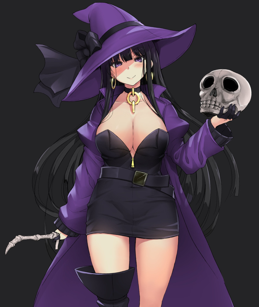 1girl absurdres belt black_background black_dress black_footwear black_gloves black_hair blush boots breasts choker cleavage covered_navel dress earrings eyebrows_visible_through_hair gloves half_gloves hat highres hime_cut holding itou_ryuusei jewelry long_hair looking_at_viewer original purple_eyes simple_background single_thigh_boot skull smile solo thigh_boots thighhighs trench_coat very_long_hair wand witch witch_hat
