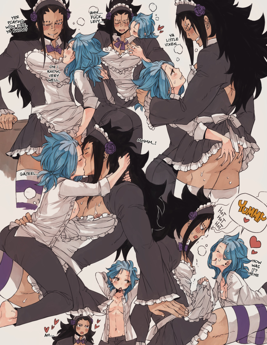 1boy 1girl alternate_costume apron apron_lift arms_behind_head ass_grab barefoot black_hair blue_hair breasts cleavage clenched_teeth collared_shirt crossdressing curly_hair detached_collar dress dress_shirt english_text enmaided fairy_tail flower french_kiss frilled_apron frilled_dress frills gajeel_redfox girl_on_top grey_dress grey_pants hair_flower hair_ornament handjob heart highres kiss levy_mcgarden long_hair long_sleeves maid maid_headdress medium_breasts medium_hair midriff navel nipples open_clothes open_mouth open_shirt pants pleated_dress purple_flower purple_rose rose rusky shirt short_dress speech_bubble stomach striped striped_legwear teeth thighhighs tied_hair unbuttoned unbuttoned_shirt very_long_hair white_apron white_shirt wing_collar zettai_ryouiki