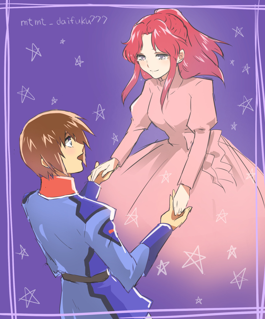 1boy 1girl absurdres back brown_hair cowboy_shot dress flay_allster grey_eyes gundam gundam_seed highres holding_hands kira_yamato light_blush light_smile open_mouth pink_dress purple_eyes red_hair shiina_yousei smile star tears