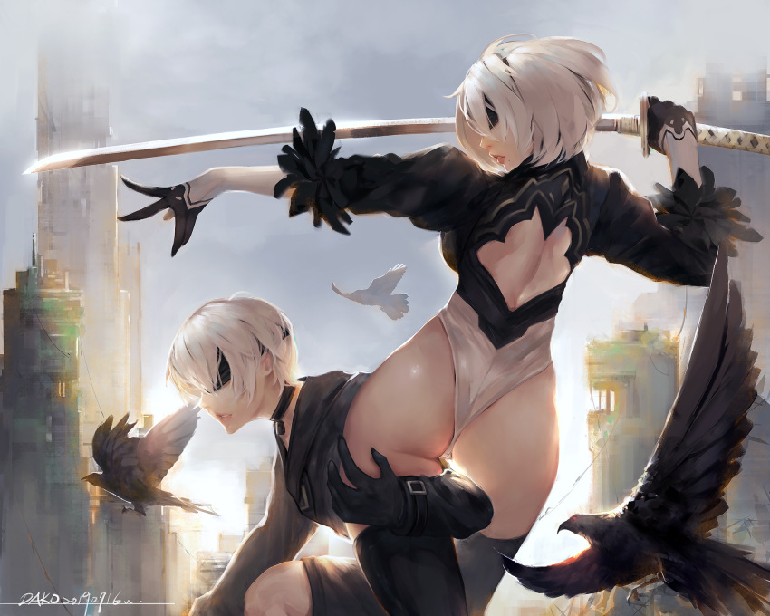 1boy 1girl arm_between_legs artist_name ass back_cutout bandages bird black_blindfold black_gloves black_hairband blindfold dako6995 eyepatch feather-trimmed_sleeves flying gloves hairband highleg highleg_leotard highres juliet_sleeves kneeling leotard long_sleeves mole mole_under_mouth nier_(series) nier_automata parted_lips puffy_sleeves raven_(animal) revision ruins short_hair silver_hair sunlight sword thigh_grab thighhighs thong_leotard weapon white_leotard yorha_no._2_type_b yorha_no._9_type_s