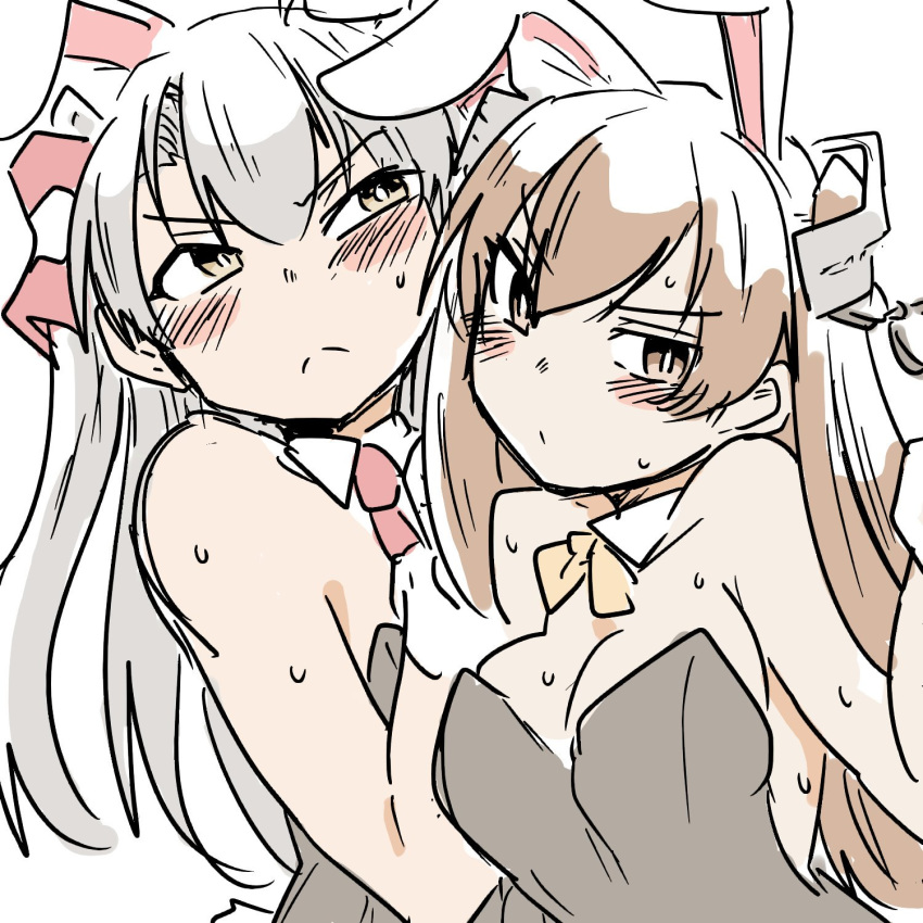 2girls alternate_costume amatsukaze_(kantai_collection) animal_ears bangs bare_shoulders blush breasts brown_eyes brown_hair bunny_ears bunnysuit cleavage closed_mouth collar collarbone commentary eyebrows_visible_through_hair frown gloves hair_between_eyes hair_tubes highres johnston_(kantai_collection) kantai_collection long_hair multiple_girls orange_neckwear poyo_(hellmayuge) red_neckwear silver_hair simple_background sweat sweating_profusely two_side_up upper_body v-shaped_eyebrows white_background white_gloves windsock
