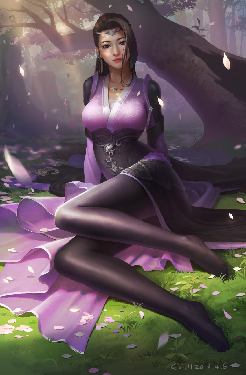 1girl absurdres arm_support barefoot black_legwear blush breasts brown_eyes brown_hair chinese_clothes collar dress earrings fangfu_kandaole_yuzhou grass green_eyes highres jewelry large_breasts legs lips long_hair long_sleeves looking_at_viewer original outdoors petals scenery sitting tiara tree