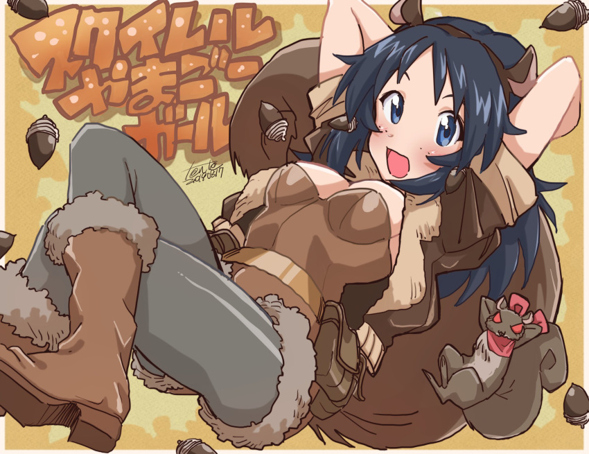 1girl :d acorn animal_ears arms_behind_head artist_name bangs belt blue_eyes blue_hair blush boots breasts brown_background brown_belt brown_jacket brown_jumpsuit commentary cosplay cowboy_boots crossed_legs dated fake_animal_ears fake_tail fanta_(the_banana_pistols) floating freckles fur-trimmed_boots fur_trim girls_und_panzer grey_legwear highres jacket long_hair lying marvel medium_breasts on_back open_clothes open_jacket open_mouth pantyhose pouch short_jumpsuit short_sleeves signature smile solo squirrel squirrel_ears squirrel_girl_(marvel) squirrel_girl_(marvel)_(cosplay) squirrel_tail strapless tail translation_request yamagou_ayumi