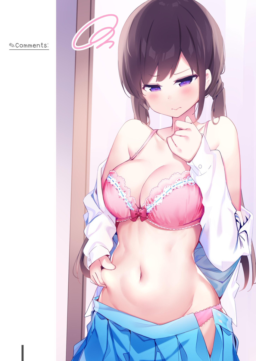 1girl bangs bare_shoulders belly_grab blue_skirt blush bow bow_bra bow_panties bra breasts brown_hair chikuwa. cleavage closed_mouth collarbone collared_shirt dress_shirt eyebrows_visible_through_hair groin half-closed_eyes highres long_hair low_twintails medium_breasts navel off_shoulder open_clothes open_shirt open_skirt original panties pink_bra pink_panties pleated_skirt purple_eyes shirt skirt solo squiggle twintails underwear very_long_hair white_shirt