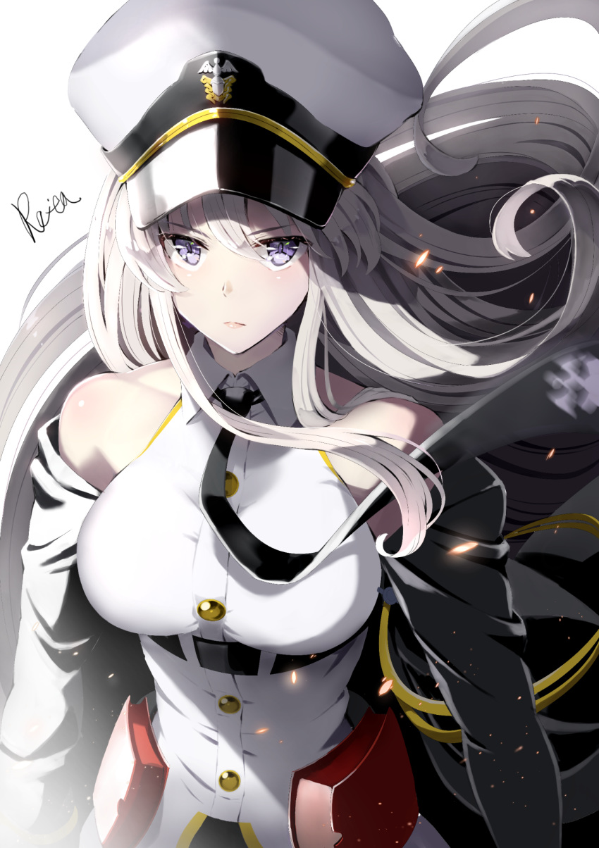 1girl azur_lane bangs bare_shoulders black_jacket black_neckwear breasts closed_mouth collared_shirt commentary_request dress_shirt enterprise_(azur_lane) eyebrows_visible_through_hair hair_between_eyes hat highres hoshizaki_reita jacket large_breasts long_hair military_hat necktie off_shoulder open_clothes open_jacket peaked_cap purple_eyes shirt signature silver_hair simple_background sleeveless sleeveless_shirt solo v-shaped_eyebrows very_long_hair white_background white_headwear white_shirt