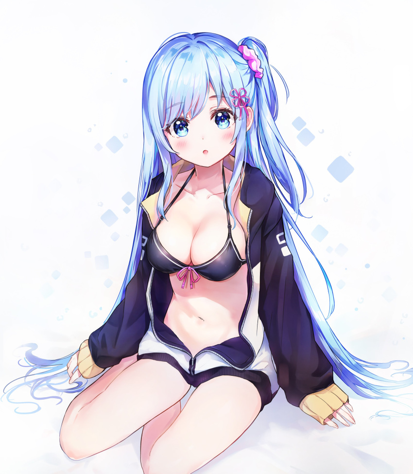 1girl :o absurdres arm_support bare_legs bikini_top black_bikini_top blue_eyes blue_hair blush borrowed_garments breasts cleavage collarbone cosplay dana_(hapong07) flower_knot front-tie_top hair_ornament hair_scrunchie halter_top halterneck highres jacket large_breasts long_hair long_sleeves looking_at_viewer natsuki_subaru natsuki_subaru_(cosplay) navel one_side_up open_clothes open_jacket parted_lips re:zero_kara_hajimeru_isekai_seikatsu rem_(re:zero) scrunchie sidelocks sitting solo stomach swimsuit thighs track_jacket very_long_hair yokozuwari