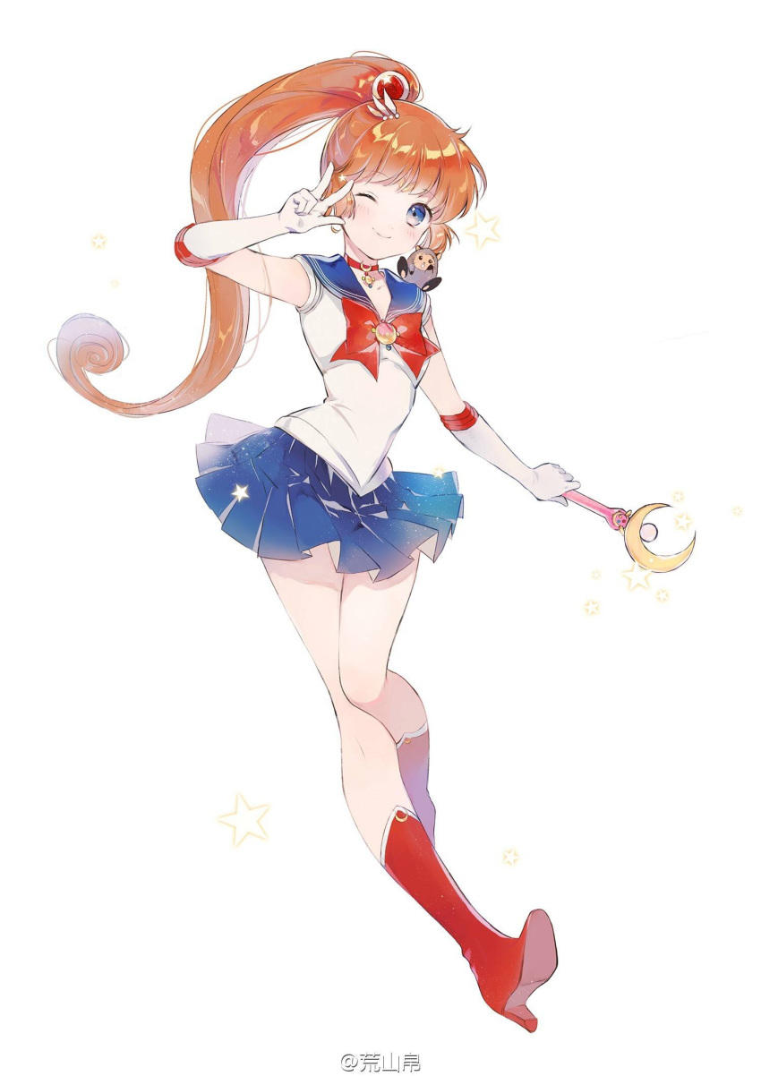 alicesakura bishoujo_senshi_sailor_moon blue_eyes blue_sailor_collar blue_skirt blush boots choker cosplay elbow_gloves full_body gloves hair_ornament hairclip haneoka_meimi highres holding holding_wand kaitou_saint_tail knee_boots long_hair looking_at_viewer magical_girl moon_stick on_shoulder one_eye_closed pleated_skirt red_footwear ruby_(kaitou_saint_tail) sailor_collar sailor_moon sailor_moon_(cosplay) sailor_senshi_uniform saint_tail skirt smile solo very_long_hair wand white_background