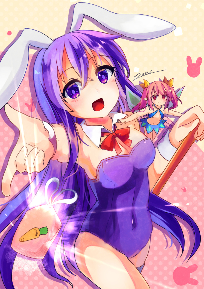 2girls :d amulet animal_ears bangs bare_shoulders bow bowtie breasts bunny_ears bunnysuit commentary_request detached_collar erina_(rabi-ribi) eyebrows_visible_through_hair fairy fairy_wings foreshortening glowing hair_between_eyes hair_ribbon highres leotard long_hair looking_at_viewer losno medium_breasts minigirl multiple_girls open_mouth outstretched_arm pink_background pink_hair pointy_ears polka_dot polka_dot_background purple_eyes purple_hair purple_leotard rabi-ribi red_eyes red_neckwear ribbon ribbon_(rabi-ribi) signature simple_background smile twintails two-tone_background very_long_hair wings yellow_background yellow_ribbon