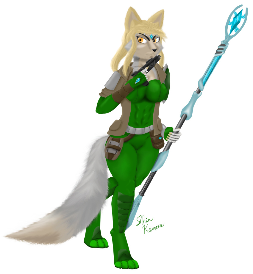 2019 5_fingers abs absurd_res anthro armor big_breasts blonde_hair bodysuit breasts canid canine clothed clothing crown digital_media_(artwork) female fingers fluffy fluffy_tail fox fur fuzzy grey_body grey_fur gun hair handgun hi_res holding_gun holding_object holding_weapon invalid_tag jacket lightning looking_at_viewer mammal melee_weapon multicolored_body multicolored_tail orange_eyes plug_suit ranged_weapon science_fiction shin_kerron skinsuit smile solo staff standing thick_thighs tiara tight_clothing toes topwear weapon