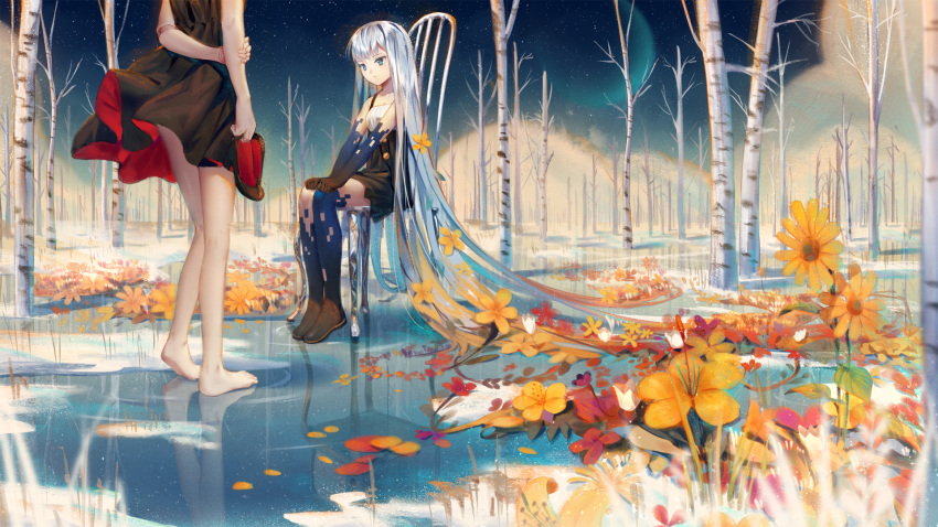 2girls blue_eyes doll dress flowers forest ji_dao_ji long_hair original reflection tree water white_hair