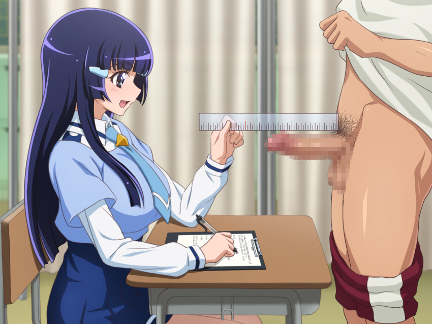 aoki_reika blue_eyes blue_hair breasts censored gym_uniform long_hair paper penis precure school_uniform shorts smile_precure! tedain tie