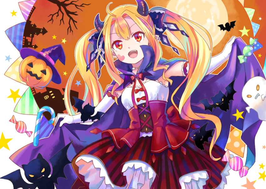 animal bat blonde_hair candy cape elbow_gloves fang gloves halloween horns lolita_fashion long_hair original pointed_ears red_eyes shati twintails