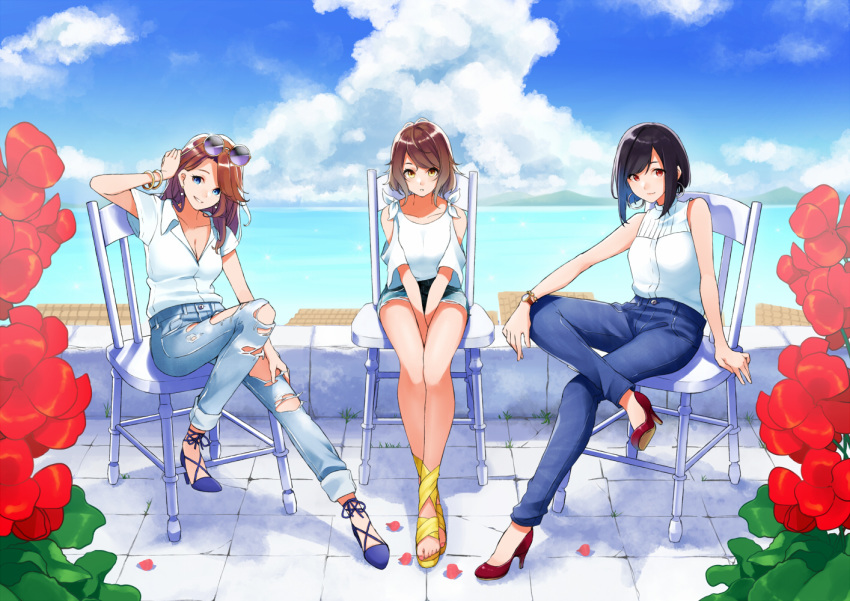 black_hair blue_eyes brown_hair clouds flowers long_hair original petals red_eyes retsuna short_hair shorts sunglasses torn_clothes water wristwear yellow_eyes