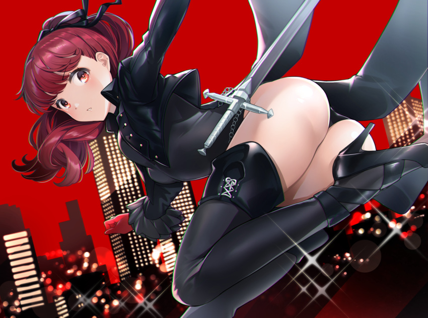 ass bodysuit building city ika long_hair persona_5 ponytail red red_eyes red_hair sword weapon yoshizawa_kasumi