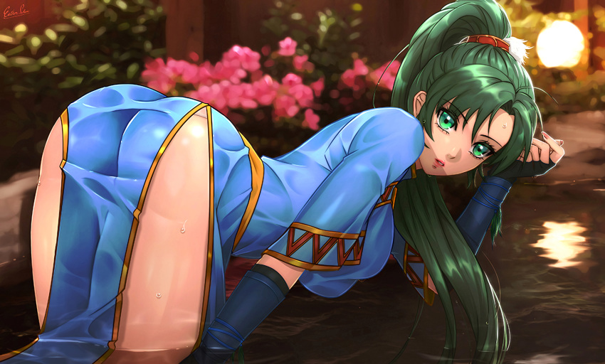 ass dress elbow_gloves esther fire_emblem gloves green_eyes green_hair long_hair lyndis_(fire_emblem) ponytail signed waifu2x water wet