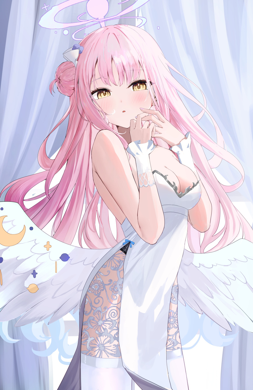 1girl absurdres aki_uzuki3 angel_wings bare_shoulders blue_archive blush breasts cleavage commentary_request dress feathered_wings flower hair_bun hair_flower hair_ornament halo highleg highres large_breasts long_hair looking_at_viewer low_wings mika_(blue_archive) open_mouth pink_hair pink_halo single_side_bun sleeveless sleeveless_dress solo strapless strapless_dress white_dress white_wings wing_ornament wings yellow_eyes