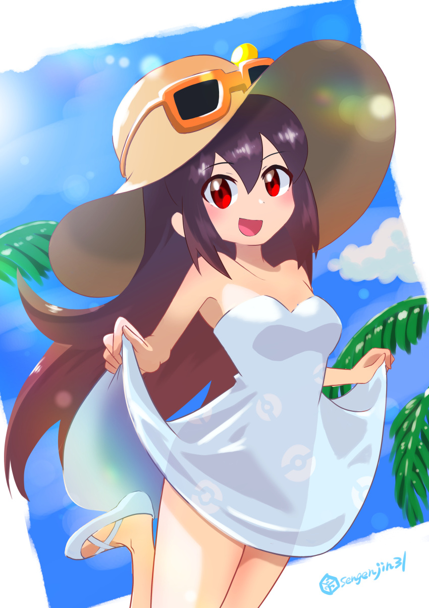 1girl :d absurdres bare_shoulders brown_hair brown_headwear dress eyewear_on_headwear hair_between_eyes hat highres lifted_by_self long_hair looking_at_viewer open_mouth pokemon pokemon_sm red_eyes sengenjin31 sightseer_(pokemon) sleeveless sleeveless_dress smile solo strapless strapless_dress sun_hat sunglasses