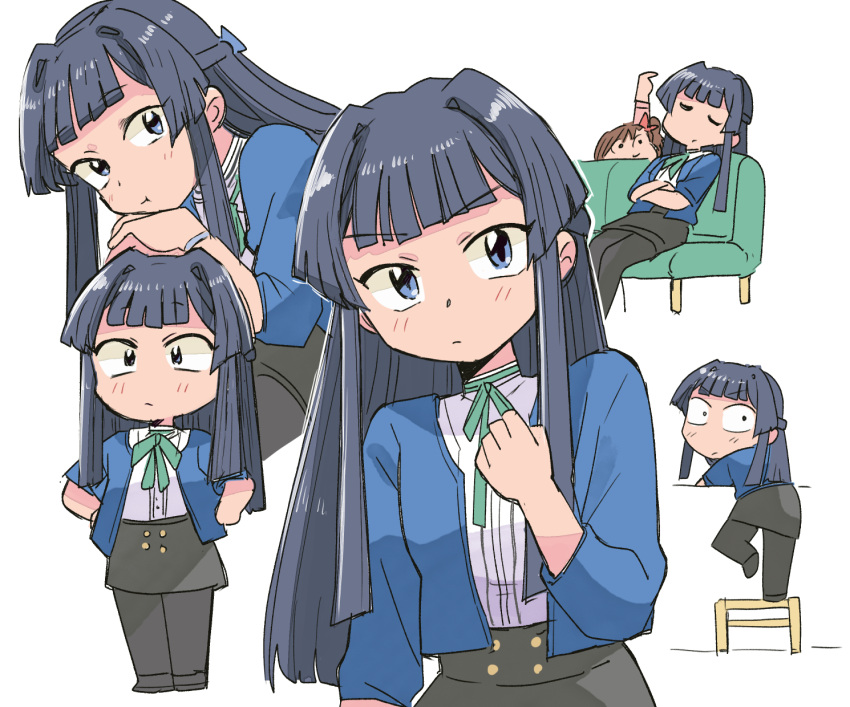 2girls arm_up black_footwear black_skirt black_thighhighs blue_bow blue_eyes blue_hair blue_jacket blunt_bangs blush bow bracelet brown_hair chibi closed_eyes closed_mouth couch crossed_arms curled_fingers double-parted_bangs expressions furrowed_brow green_ribbon hair_bow hair_intakes half_updo hand_up hands_on_own_cheeks hands_on_own_face hands_on_own_hips head_rest head_tilt highres idolmaster idolmaster_million_live! jacket jewelry kasuga_mirai long_hair looking_at_viewer looking_back mogami_shizuka multiple_girls neck_ribbon on_couch on_stool pantyhose pink_shirt pout reclining red_bow ribbon shirt side_ponytail sidelocks simple_background skirt sleeping standing standing_on_one_leg stool thighhighs tsubobot variations white_background white_shirt
