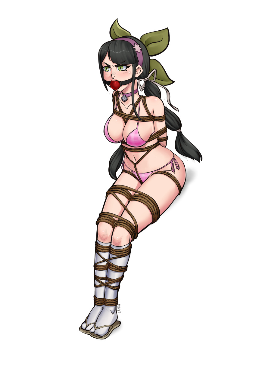 1girl absurdres angry ass asymmetrical_hair ball_gag bdsm bell bikini black_hair bondage bound bound_ankles bound_arms bound_legs bound_thighs bow breasts chabashira_tenko choker commission commissioner_upload crotch_rope danganronpa_(series) danganronpa_v3:_killing_harmony gag gagged green_eyes hair_ornament hairband headband highres long_hair neck_bell non-web_source pink_bikini pink_choker ponytail purple_hairband restrained rope shibari sidelocks slippers socks solo star_(symbol) star_hair_ornament swimsuit thunkstudio transparent_background twintails variant_set white_socks