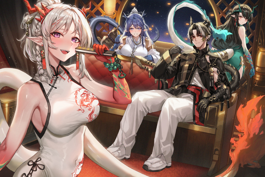 1boy 3girls absurdres arknights bare_shoulders black_hair blue_eyes blue_hair blue_skin bracelet braid breast_rest breasts brother_and_sister brown_hair china_dress chinese_clothes chong_yue_(arknights) colored_skin commentary detached_sleeves dragon_boy dragon_girl dragon_horns dragon_tail dress dusk_(arknights) dusk_(everything_is_a_miracle)_(arknights) folding_fan green_skin hand_fan highres holding holding_fan horns jewelry ling_(arknights) ling_(it_does_wash_the_strings)_(arknights) long_hair long_sleeves looking_at_viewer molyb multicolored_hair multiple_girls nian_(arknights) nian_(unfettered_freedom)_(arknights) official_alternate_costume open_mouth pants pointy_ears purple_eyes red_eyes red_hair red_skin shoes siblings sisters sitting sleeveless sleeveless_dress streaked_hair tail white_dress white_hair wide_sleeves
