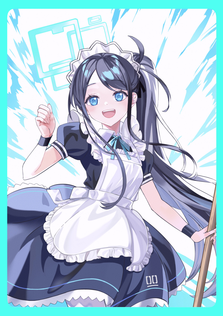 1girl absurdres apron aris_(blue_archive) aris_(maid)_(blue_archive) black_dress black_hair black_wristband blue_archive blue_border blue_eyes blue_halo blue_ribbon border collared_dress commentary_request dress halo hand_up higetsuji-nozomu highres long_hair looking_at_viewer maid_apron maid_headdress neck_ribbon official_alternate_costume open_mouth ponytail puffy_short_sleeves puffy_sleeves ribbon short_sleeves smile solo teeth upper_teeth_only white_apron