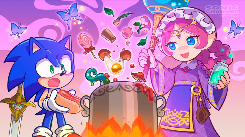 1boy 1girl :d :o animal_nose apron artist_request bad_food bad_source blue_eyes blue_fur bottle braided_hair_rings bug butterfly caliburn_(sonic) candy circlet collared_dress constricted_pupils cooking cooking_pot cracked_egg dress egg egg_(food) egg_yolk fire flower food gem gloves green_eyes hair_rings hat hedgehog_ears hedgehog_tail highres holding holding_bottle holding_food holding_staff hot_dog jewelry ladle leaf lollipop long_hair long_sleeves magic merlina_(sonic) mob_cap mushroom official_alternate_costume official_art open_mouth parted_bangs pink_flower pink_gemstone pink_hair plant pointy_ears purple_apron purple_dress red_footwear ring salt_shaker scared shoes single_hair_ring smile socks sonic_(series) sonic_and_the_black_knight sonic_the_hedgehog staff standing swirl_lollipop sword tentacles third-party_source waist_apron watermark weapon white_gloves white_headwear white_socks wide-eyed wide_sleeves