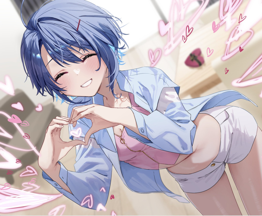 1girl blue_hair blue_shirt blurry blurry_background blush breasts chigusa_minori cleavage closed_eyes collared_shirt commentary_request crop_top cropped_shirt hair_ornament hairclip heart heart_hands highres himeno_akira jitsuha_imouto_deshita. long_sleeves open_clothes open_shirt pink_shirt second-party_source shirt short_hair shorts smile solo white_shorts