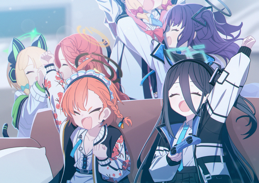 6+girls ^_^ absurdres ahoge aqua_necktie aris_(blue_archive) arm_up black_dog_(ckdfhd) black_hair black_hairband blonde_hair blue_archive blue_halo blue_necktie blurry blurry_background blush bow braid cheering clenched_hand clenched_hands closed_eyes collared_shirt controller couch excited facing_viewer fang fist_pump floating_hair game_controller game_development_department_(blue_archive) green_bow green_halo hair_between_eyes hairband halo happy highres holding holding_controller holding_game_controller holding_hands indoors interlocked_fingers jacket lifting_person long_hair maid_headdress midori_(blue_archive) mole mole_under_eye momoi_(blue_archive) multiple_girls necktie neru_(blue_archive) on_couch one_side_up open_clothes open_jacket open_mouth orange_hair pink_halo profile purple_hair raised_fist red_bow red_hair shirt short_eyebrows short_hair siblings single_braid sisters sleeves_past_wrists smile twins two_side_up upper_body v-shaped_eyebrows very_long_hair white_shirt yellow_halo yuuka_(blue_archive) yuzu_(blue_archive)
