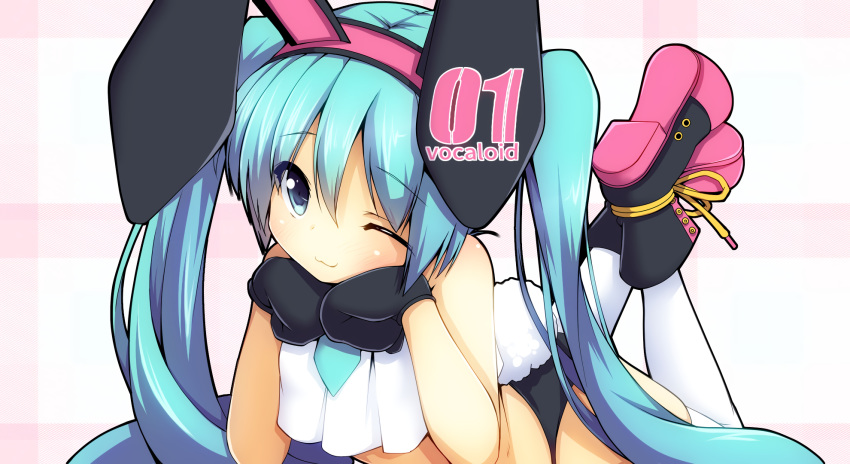 animal_ears aqua_hair bunny_ears gloves green_eyes hatsune_miku headband long_hair thighhighs tie twintails vocaloid wink yuzuki_kei