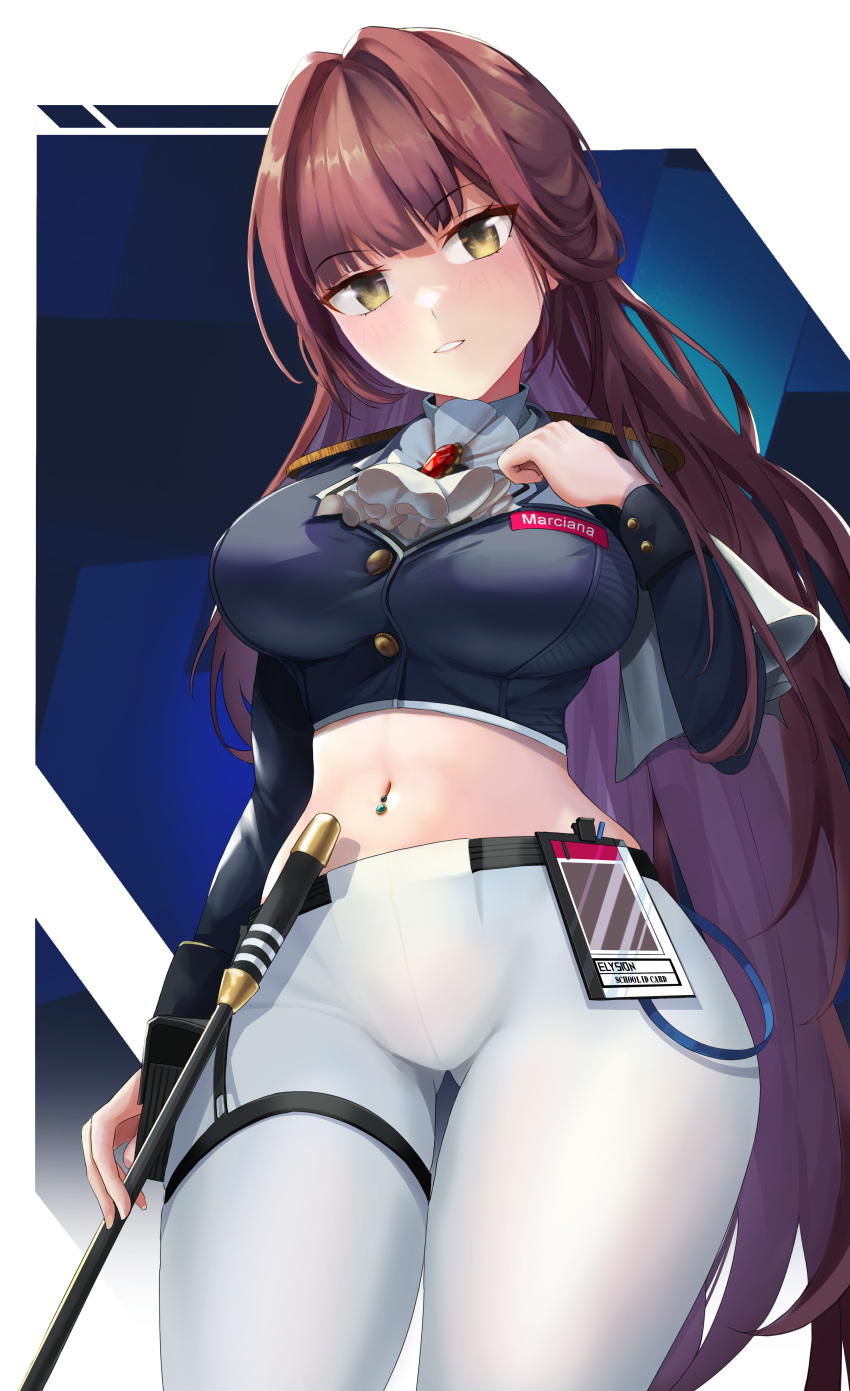 1girl absurdres ascot ass_visible_through_thighs azul_(hhez3423) breasts brown_hair chinese_commentary cowboy_shot crop_top goddess_of_victory:_nikke highres id_card large_breasts long_hair looking_at_viewer marciana_(nikke) midriff military_uniform name_tag navel navel_piercing pants parted_lips piercing pointer solo standing tight_clothes tight_pants uniform very_long_hair white_pants yellow_eyes