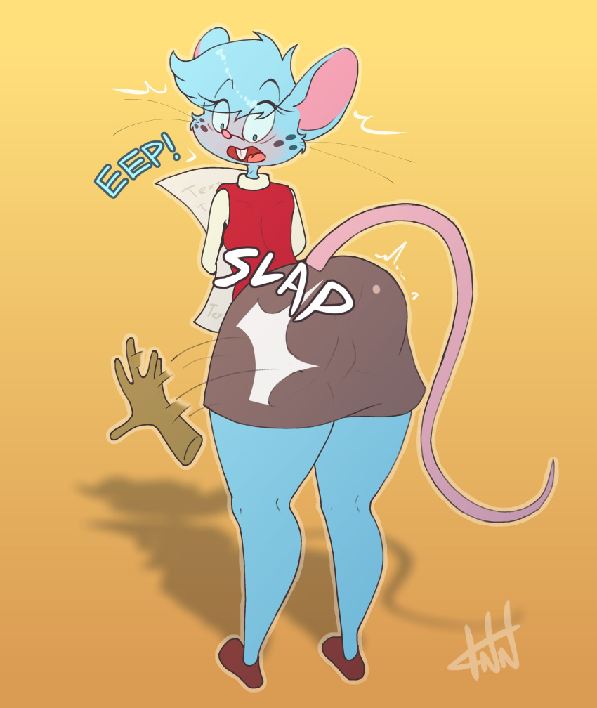 2023 5_fingers absurd_res alternate_costume anthro big_ears biped black_eyebrows black_eyelashes black_whiskers blue_body blue_ears blue_eyes blue_freckles blue_fur blue_hair blue_text blue_tuft blush bottomwear brown_bottomwear brown_clothing brown_footwear brown_shoes brown_skirt buckteeth butt butt_slap clothed clothed_anthro clothed_female clothing colored digital_drawing_(artwork) digital_media_(artwork) disembodied_hand emanata exclamation_point eye_through_hair eyebrow_through_hair eyebrows eyelashes eyelashes_through_hair female female_anthro fingers flash_emanata footwear freckles_on_face full-length_portrait fur glistening glistening_hair hair hi_res impact_emanata interjection long_tail looking_back mammal menu mia_mouse motion_blur motion_lines mouse mouse_ears mouse_tail murid murine onomatopoeia open_mouth outline pink_blush pink_inner_ear pink_nose pink_tail pink_tongue portrait rear_view red_clothing red_mouth red_topwear red_vest rodent sexual_harassment shadow shirt shoes signature simple_background skirt slap slap_(sound_effect) solo sound_effects standing tail teeth tenides text tongue topwear translucent translucent_hair uniform vest waiter whiskers white_clothing white_emanata white_shirt white_text white_topwear wide_eyed yellow_background